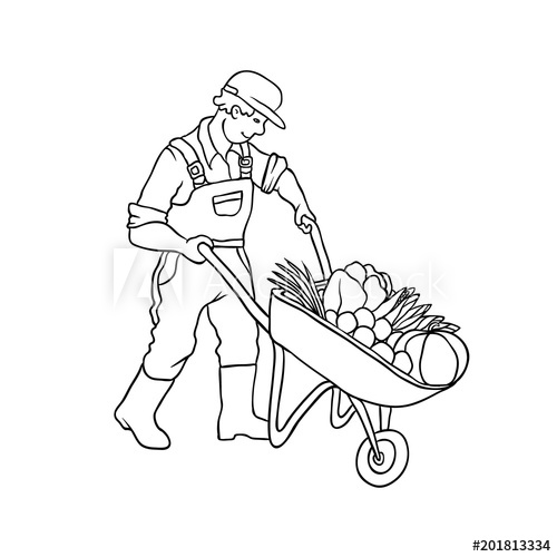 500x500 Vector Sketch Farmer Man With Cart Vegetables. Autumn Gardening - Peasant Sketch