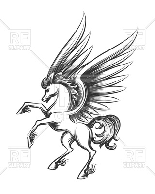 320x400 Winged Horse Engraving. Hand Drawn Pegasus Or Flying Mustang - Pegasus Sketch