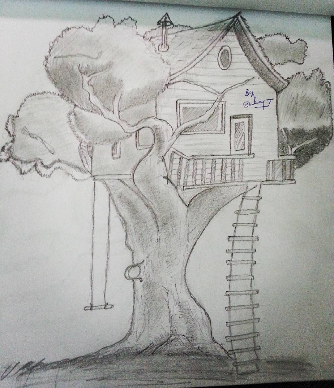 1080x1253 Tree House Pencil Drawing. - Pencil Sketch Art
