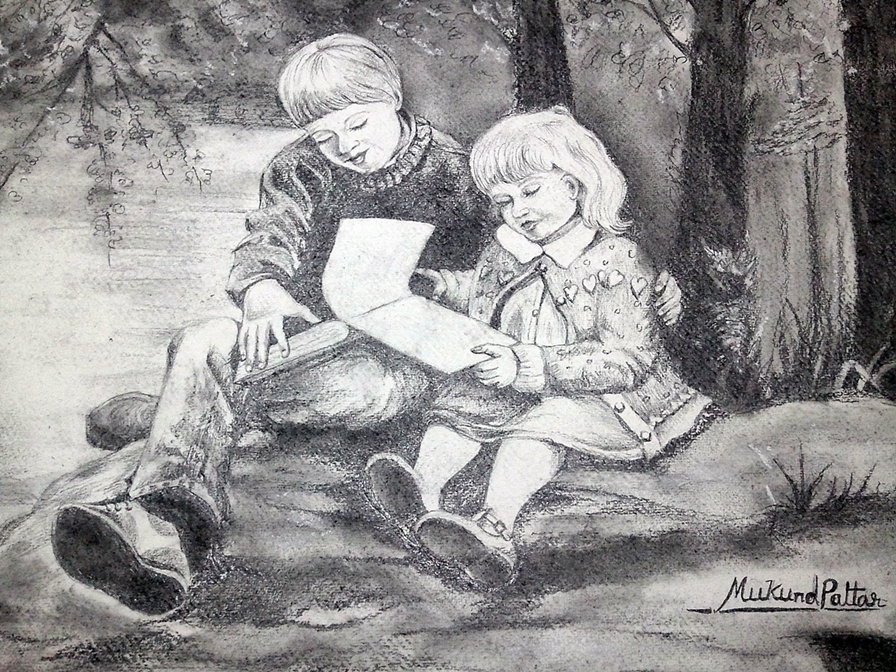 896x672 Pencil Sketch Of Two Reading Kids - Pencil Sketch For Kids