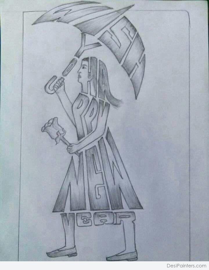 720x930 Pencil Sketch Of Creative Happy New Year - Pencil Sketch Images