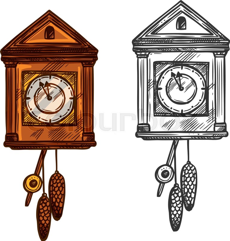 763x800 New Year Clock. Vector Isolated Sketch Cuckoo Wall Clock With - Pendulum Sketch