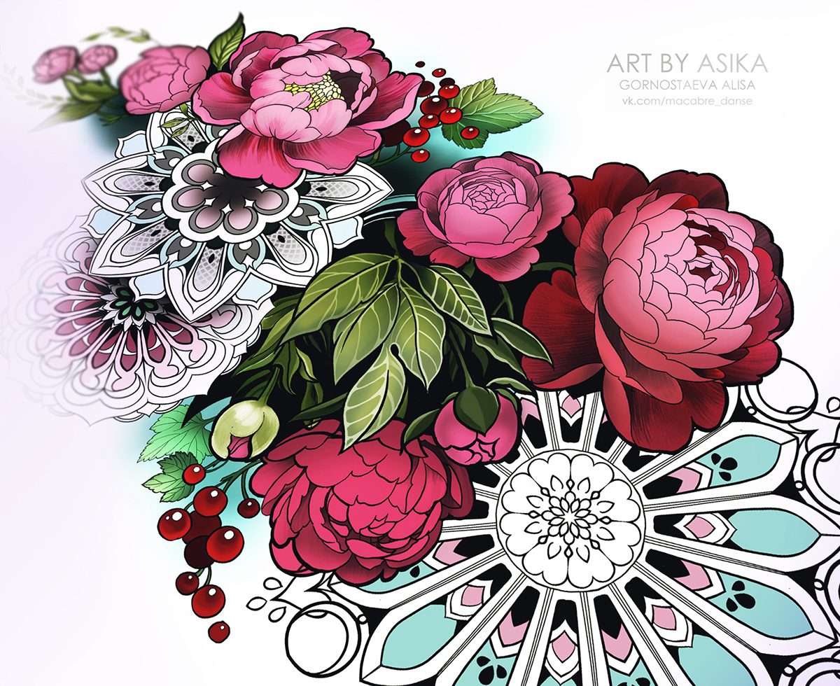 1200x980 Peony Flowers With Ornament. Tattoo Sketch, Mandala. On Wacom Gallery - Peony Flower Sketch