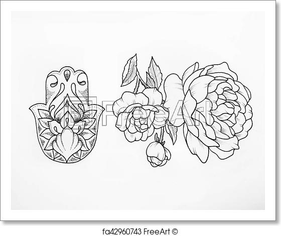 560x470 Free Art Print Of Sketch Of The Hamsa And Peony On White - Peony Sketch