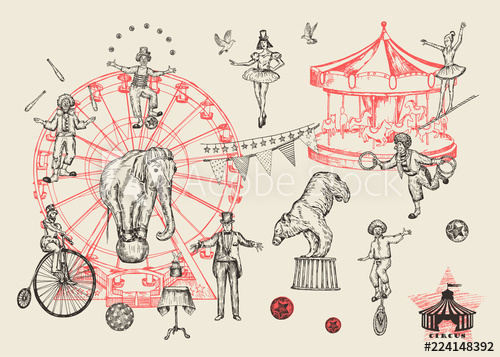500x357 Retro Circus Performance Set Sketch Stile Vector Illustration - Performance Sketch