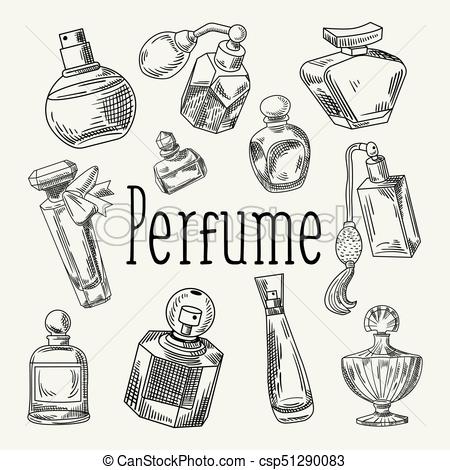 450x470 Perfume Bottles Hand Drawn Doodle. French Aroma. Woman Beauty Shop - Perfume Bottle Sketch