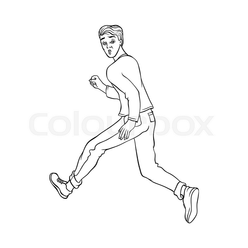 800x800 Young Man In Casual Clothing, Jeans Running Looking Back. Male - Person Running Sketch
