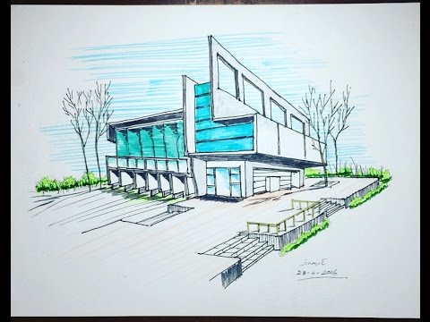 480x360 Two Point Perspective Freehand Building Drawing - Perspective Building Sketch