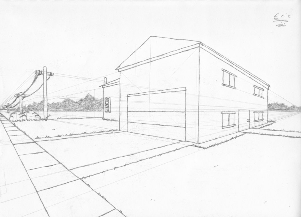 1053x759 Two Point Perspective House By Tntjperic - Perspective House Sketch