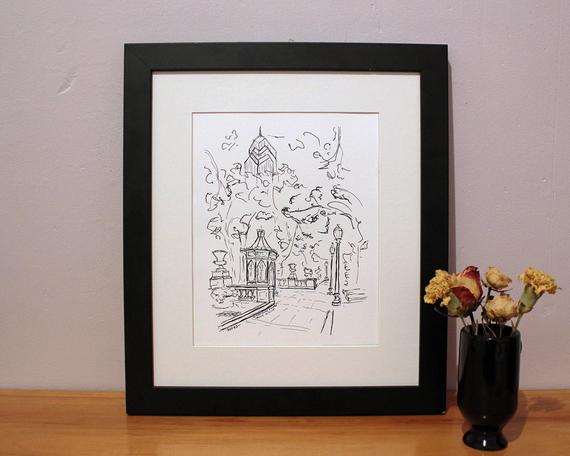570x456 Philadelphia Sketch Art Print Rittenhouse Square City Etsy - Philadelphia Sketch