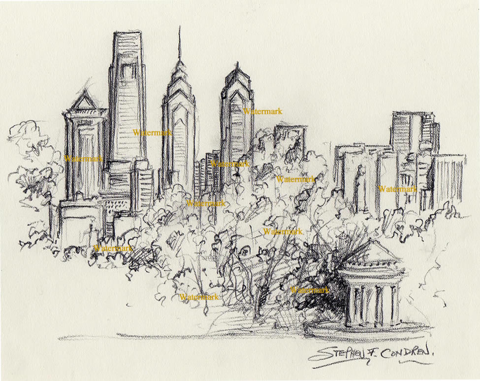 975x773 Philadelphia Skyline Charcoal Drawing Of Downtown Amp Fdr Park - Philly Skyline Sketch