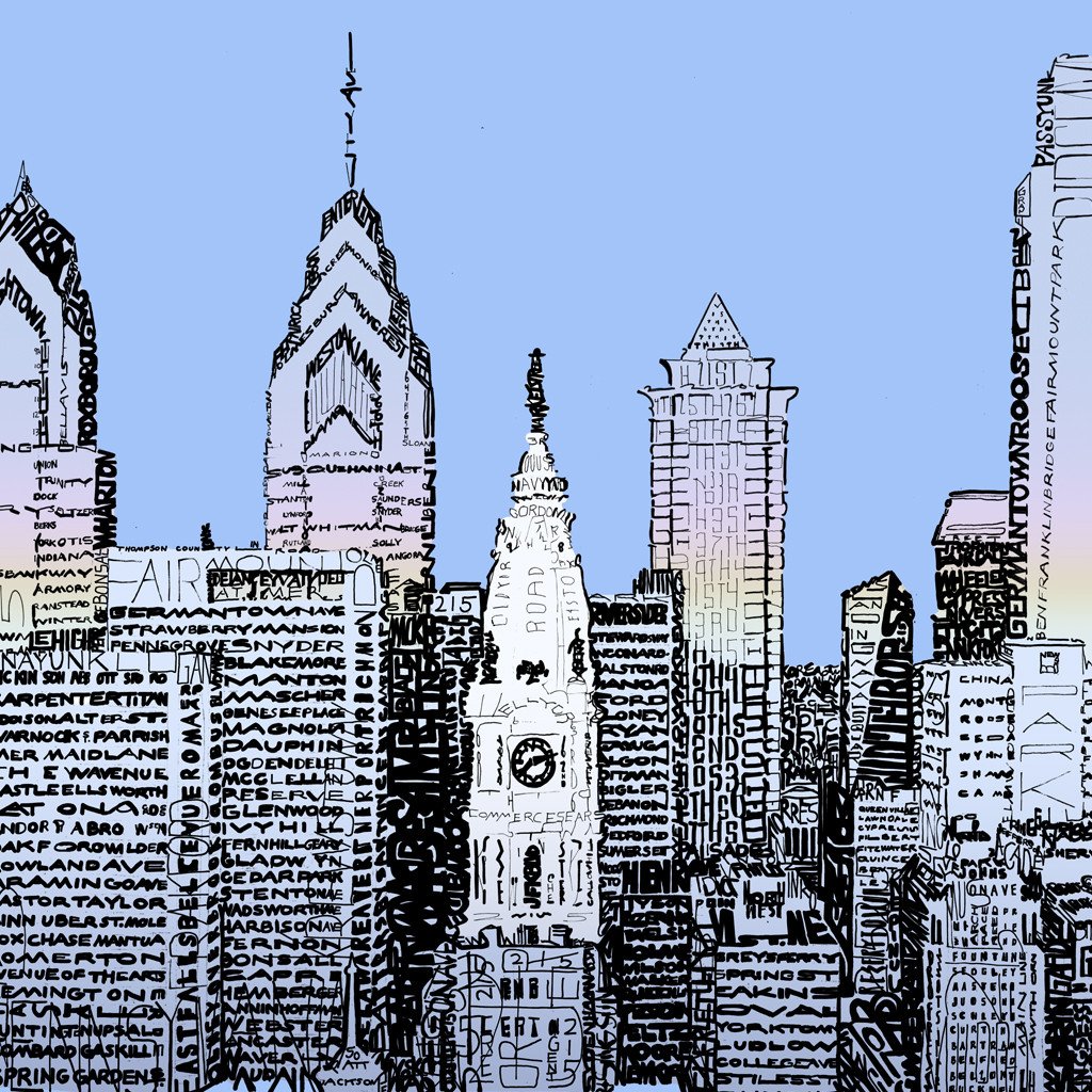 1024x1024 Philadelphia Skyline Word Art Print - Philly Skyline Sketch