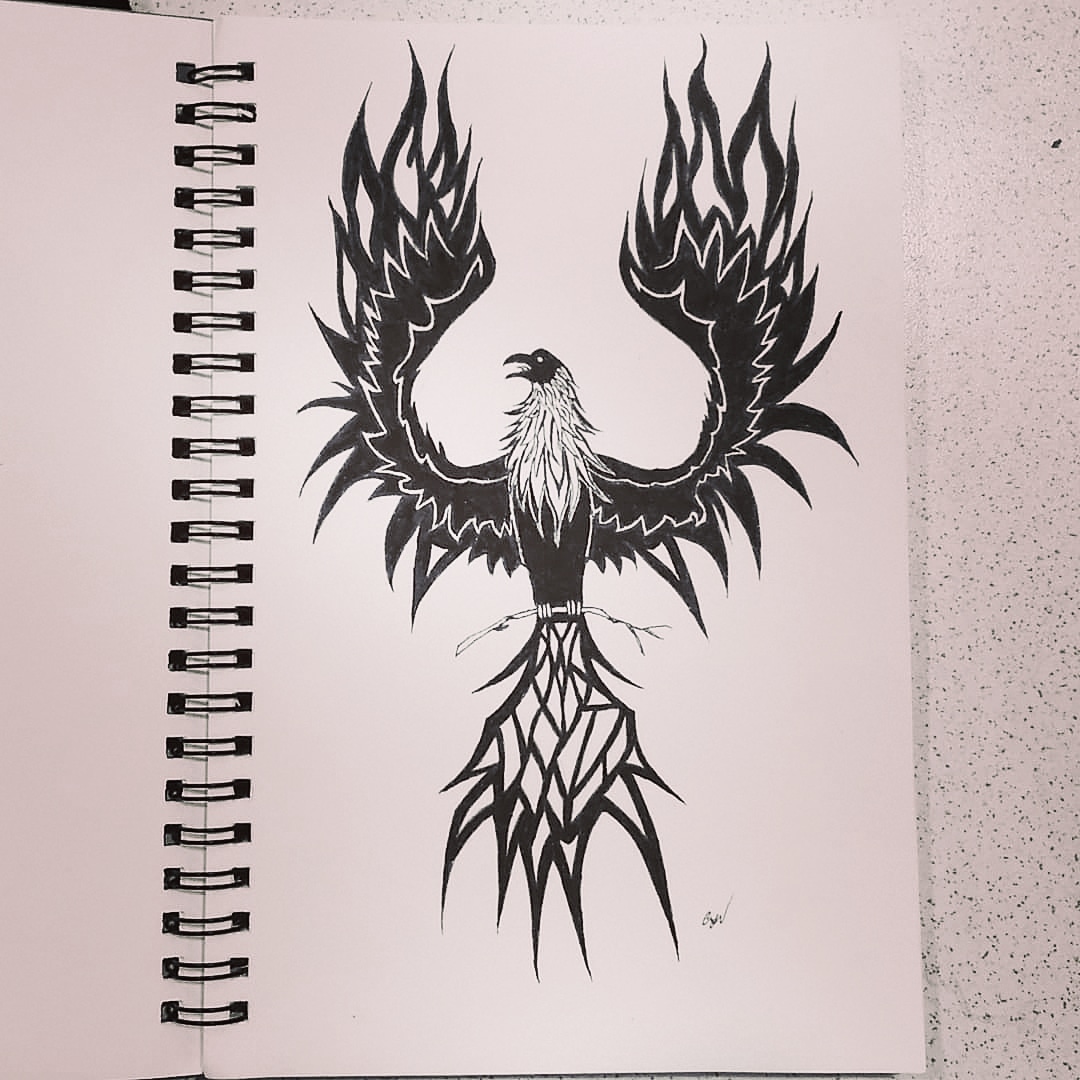 1080x1080 Black Phoenix, Tattoo Sketch (Pen Drawing) Drawing - Phoenix Tattoo Sketch