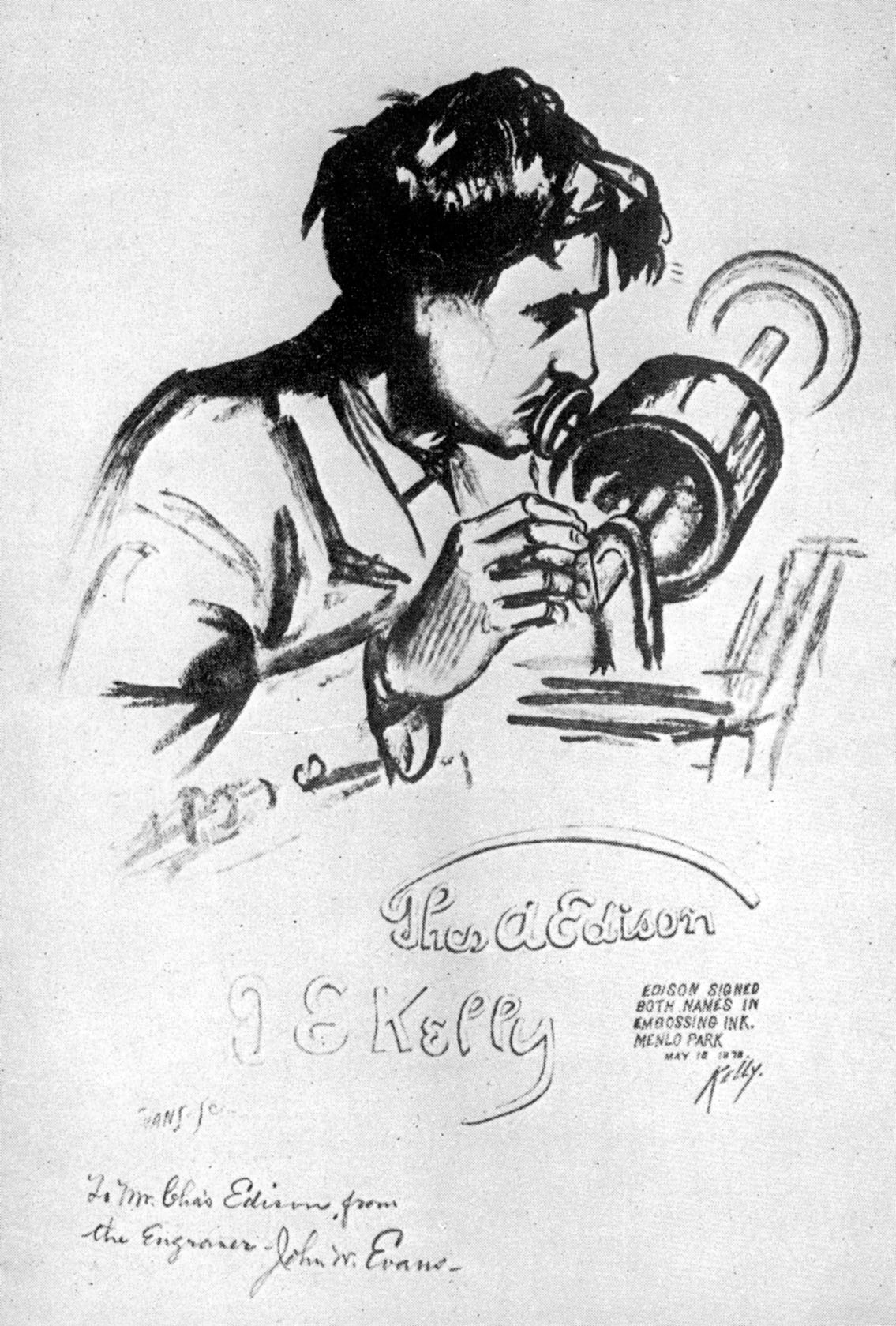1135x1679 Sketch Of Edison Speaking Into Tinfoil Phonograph - Phonograph Sketch