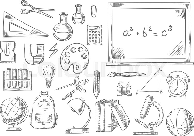 800x563 School Supplies And Study Stationery Sketch Icons. Vector Isolated - Physics Sketch