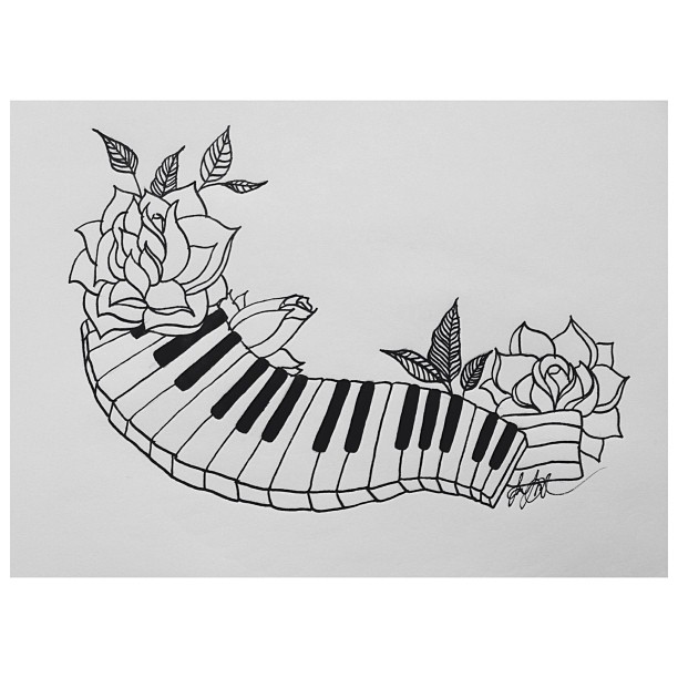612x612 Outline Rose And Piano Keys Tattoo Design - Piano Keys Sketch