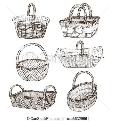 450x470 Hand Drawn Baskets. Hand Drawn Picnic Basket Collection Isolated - Picnic Basket Sketch
