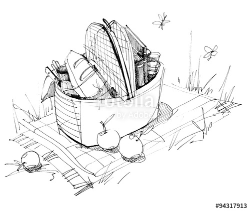500x423 Picnic Basket On The Grass. Ink. Illustration Stock Photo And - Picnic Basket Sketch