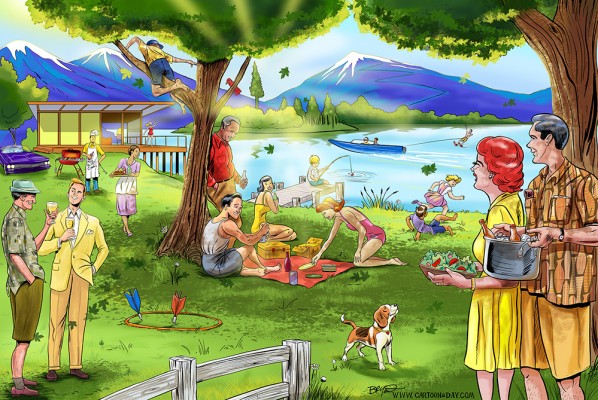 598x400 Summer Fun Family Picnic Retro Style Cartoon - Picnic Scene Sketch