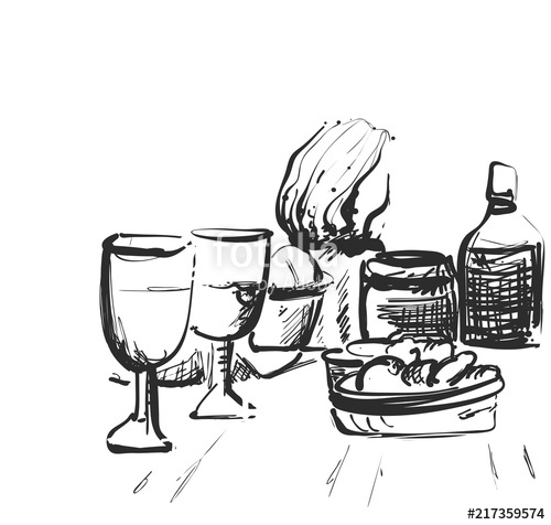 500x476 Picnic On The Grass Or Table. Vector Sketch. Dishes, Glasses, Food - Picnic Table Sketch
