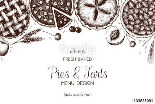 500x334 Vector Card Design With Ink Hand Drawn Fruit And Berry Baking - Pie Sketch