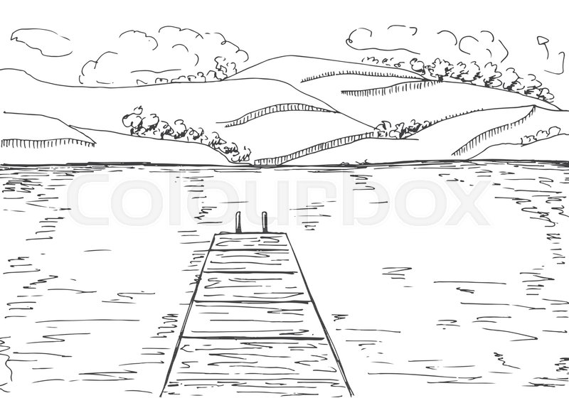 800x560 River With Wooden Pier. Mountains On The Other Side Of The Lake - Pier Sketch