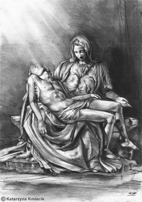 570x808 Pieta Charcoal Drawing Print Religious Art Print Charcoal Etsy - Pieta Sketch