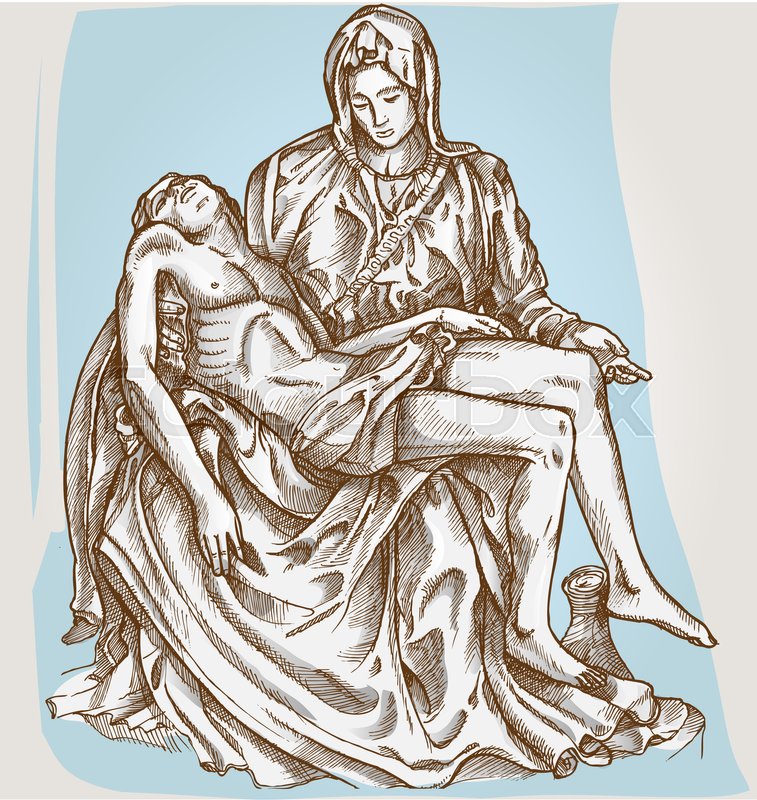 757x800 Pieta Statue Of Michelangelo On Blue Background Stock Vector - Pieta Sketch