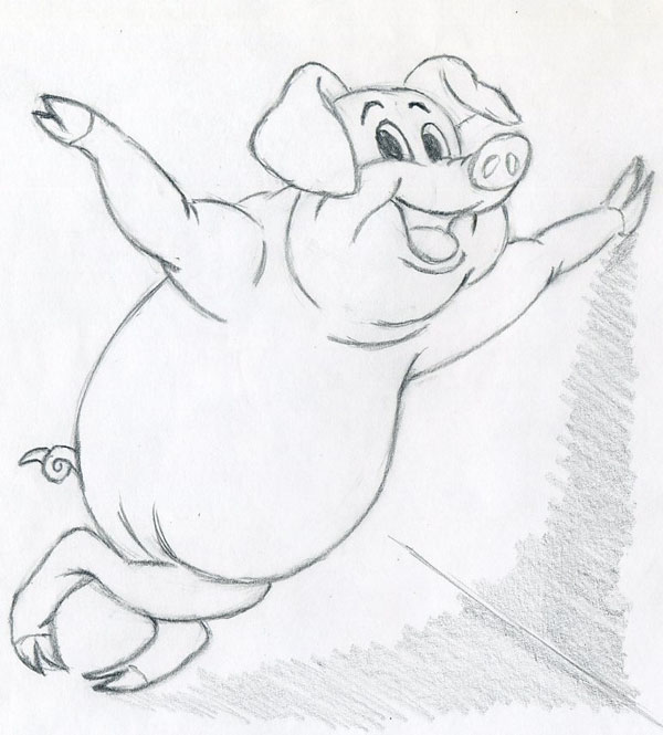 600x665 How To Draw Cartoon Pig, Self Confident, Leaning On The Wall - Pig Cartoon Sketch