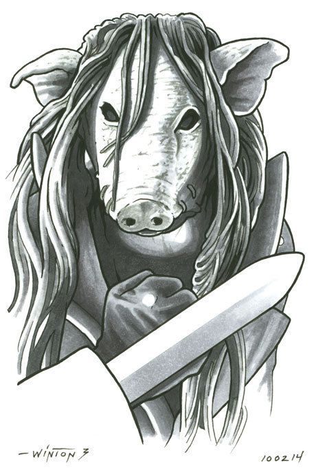 460x690 Pig Head Mask Saw 4 X 6 Drawing By Byron Winton - Pig Head Sketch