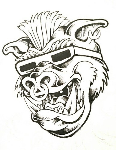 387x500 Cartoon Grey Ink Pig Head With Iroquoise And Sunglasses Tattoo - Pig Head Sketch