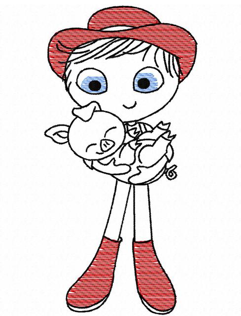 489x640 Swirly Boy With Pig Sketch Embroidery Design - Pig Sketch