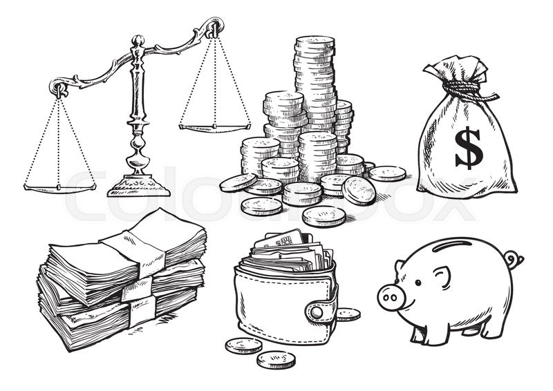 800x566 Finance, Money Set. Scales, Stack Of Coins Sack Of Dollars Paper - Piggy Bank Sketch
