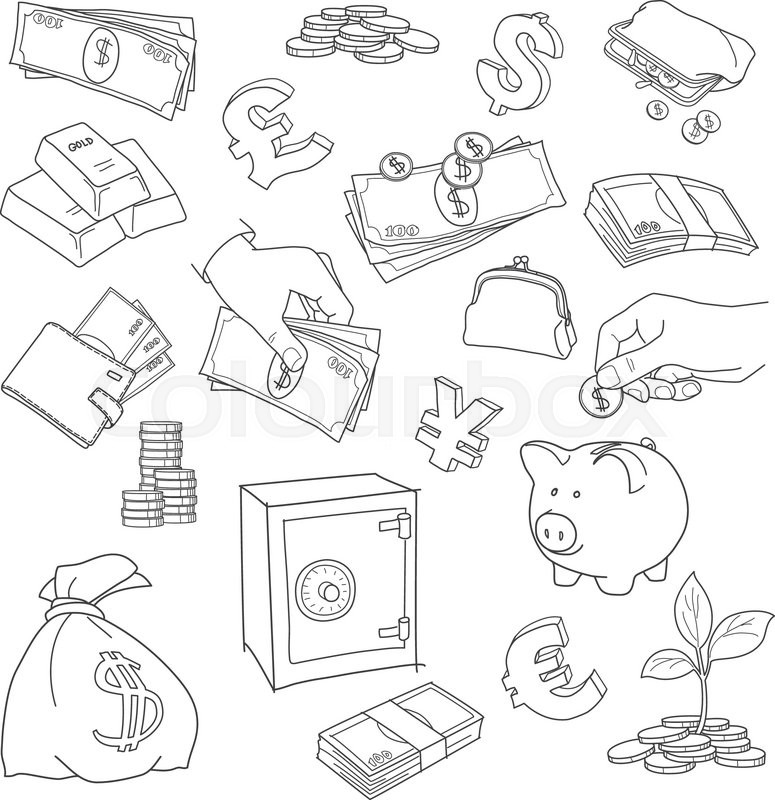 775x800 Set Of Doodle Money Symbol Vector Sketch. Coins, Stack, Treasure - Piggy Bank Sketch
