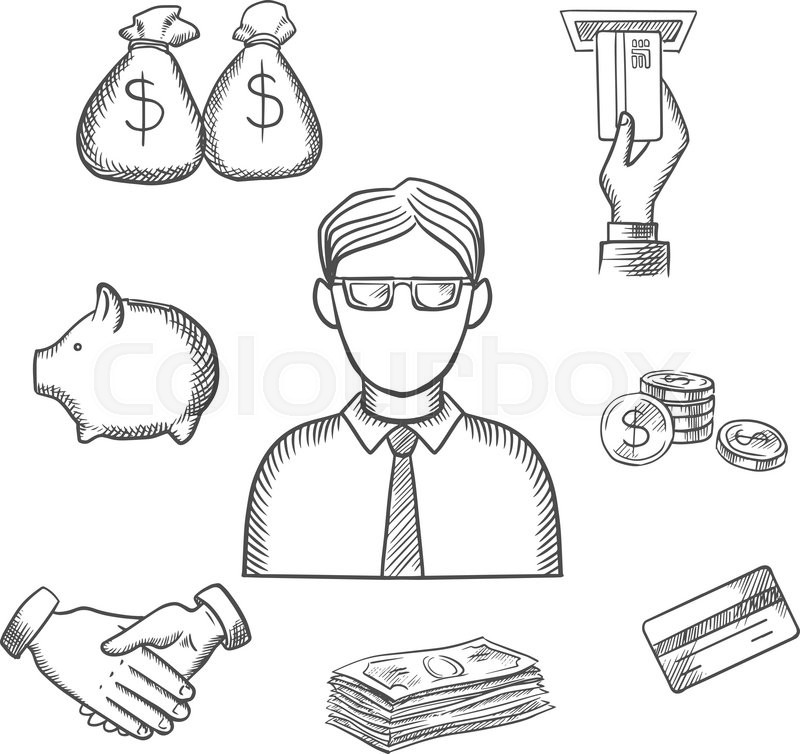 800x754 Banker Profession Sketch Design With Businessman And Financial - Piggy Bank Sketch