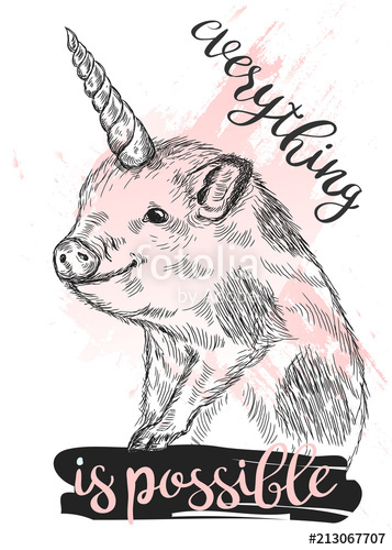 357x500 Mini Pig With Unicorn Horn. Vector Piglet Sketch, Ink Pen Style - Piglet Sketch