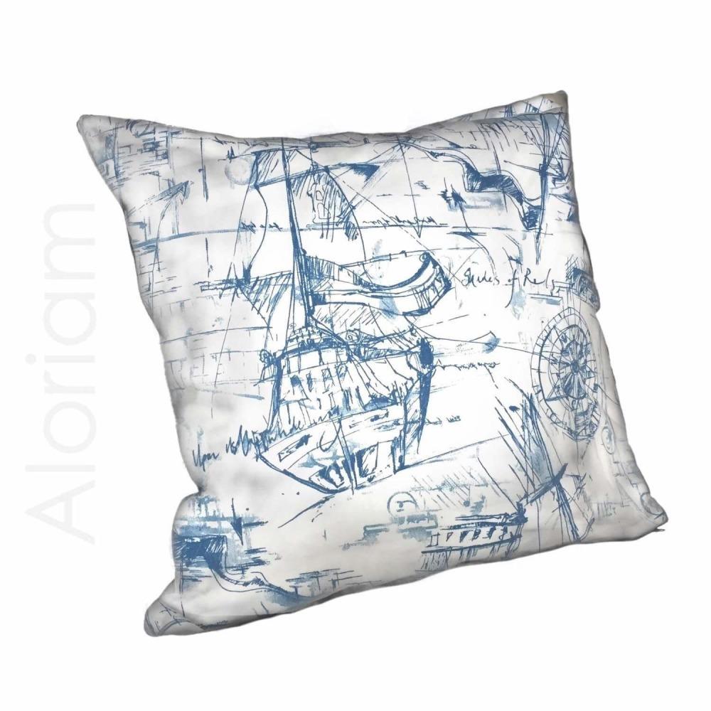 1000x1000 Blue White Sailing Sailboat Nautical Sketch Drawing Pillow Cushion - Pillow Sketch