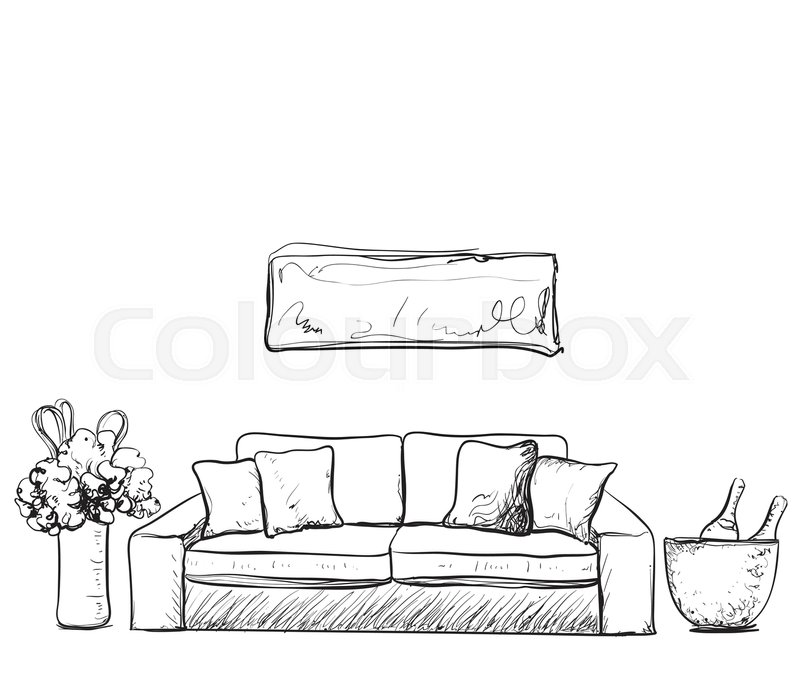 800x685 Hand Drawn Sketch Of Living Room Interior With A Sofa And Pillows - Pillows Sketch