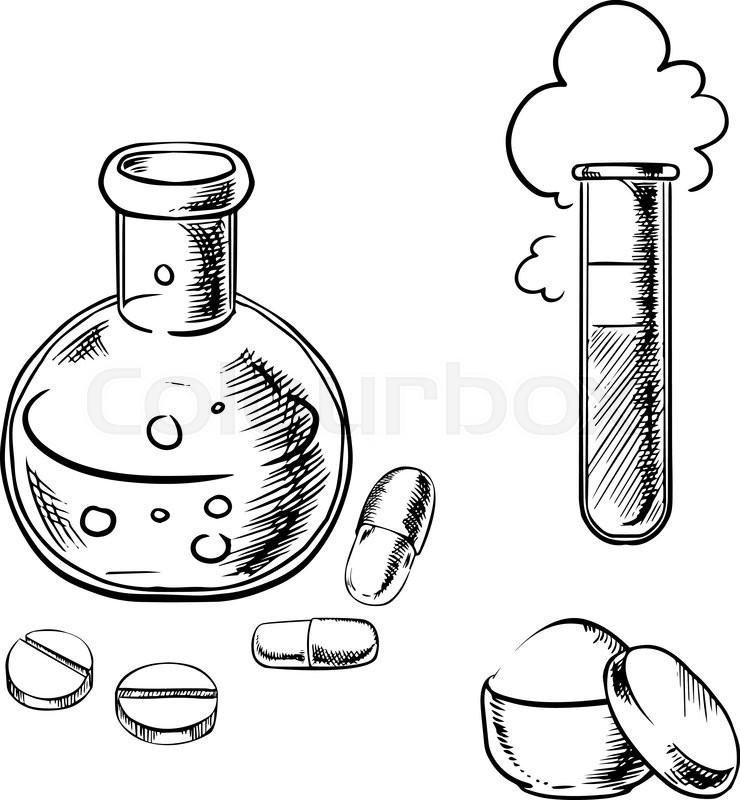 740x800 Laboratory Glass Flask And Tube With Bubbles And Cloud, Round - Pills Sketch