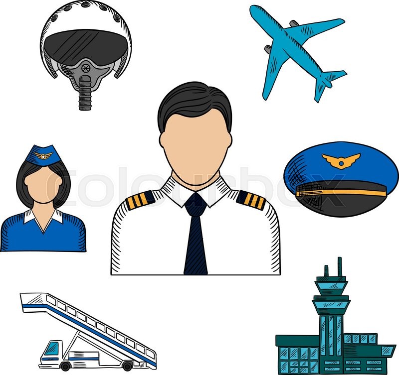 800x753 Pilot And Aviation Hand Drawn Colorful Icons With Captain In White - Pilot Sketch