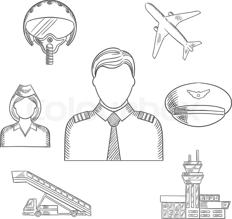 800x753 Pilot Profession Sketched Icons With Captain In Uniform Surrounded - Pilot Sketch