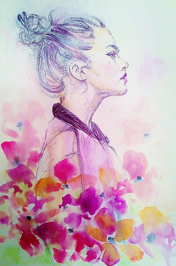 600x904 Girl In The Flowers Sketch On Behance - Pink Flower Sketch