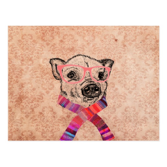 540x540 Funny Pig Sketch Pink Hipster Glasses On Damask Postcard - Pink Pig Sketch