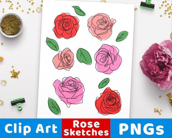 570x456 Rose Clipart Hand Drawn Rose Sketch Clip Art Floral Clipart Etsy - Pink Rose Sketch
