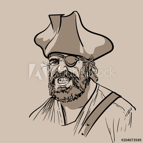 500x500 One Eyed Pirate With Hat. Portrait. Digital Sketch Hand Drawing - Pirate Hat Sketch