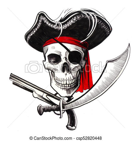442x470 Pirate Skull. Ink Illustration Of A Dead Pirate. - Pirate Skull Sketch