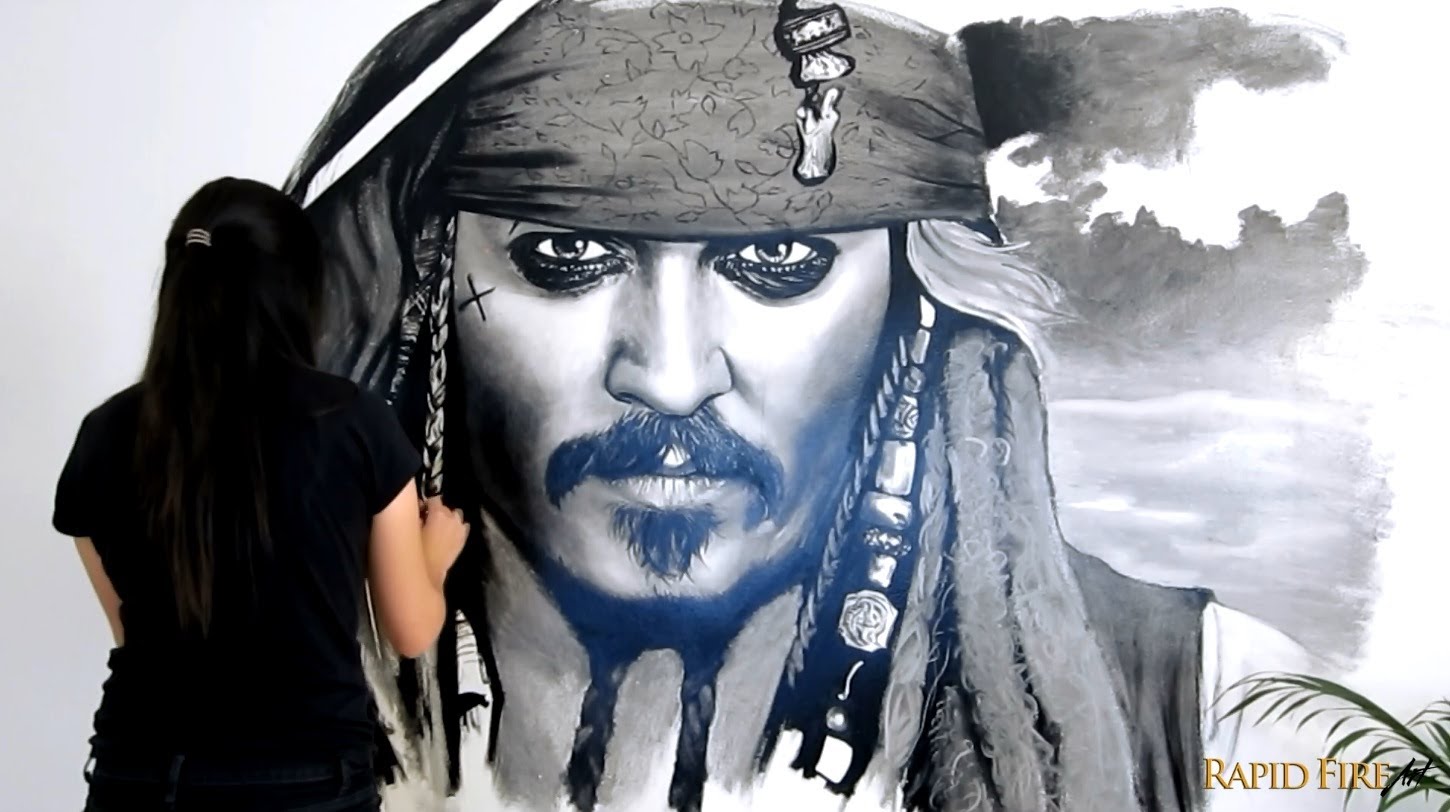 1450x812 Johnny Depp Speed Drawing Wall Portrait - Pirates Of The Caribbean Sketch