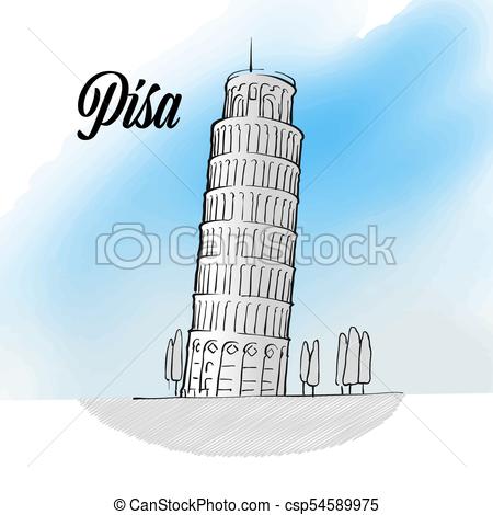 450x470 Pisa Tower Landmark Sketch, Hand Drawn Outline Illustration For - Pisa Tower Sketch
