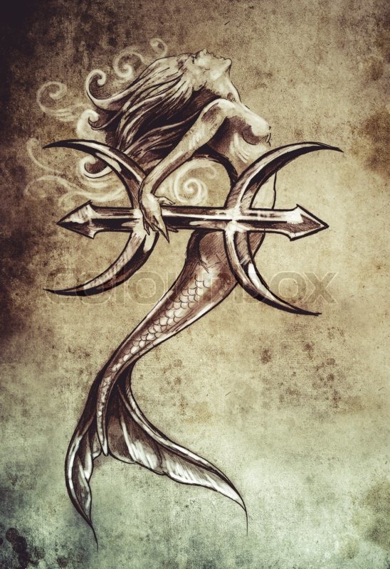 548x800 Tattoo Art, Sketch Of A Mermaid, Pisces Vintage Style Stock - Pisces Sketch