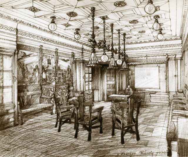 640x535 Early Sketch Of The Hungarian Room Nationality Rooms - Pittsburgh Sketches